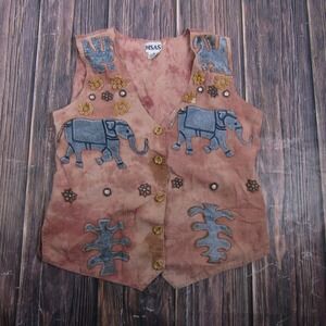 MSAS Vest Womens M Pink Elephant Embroidered Button Front Belted Boho Hippie